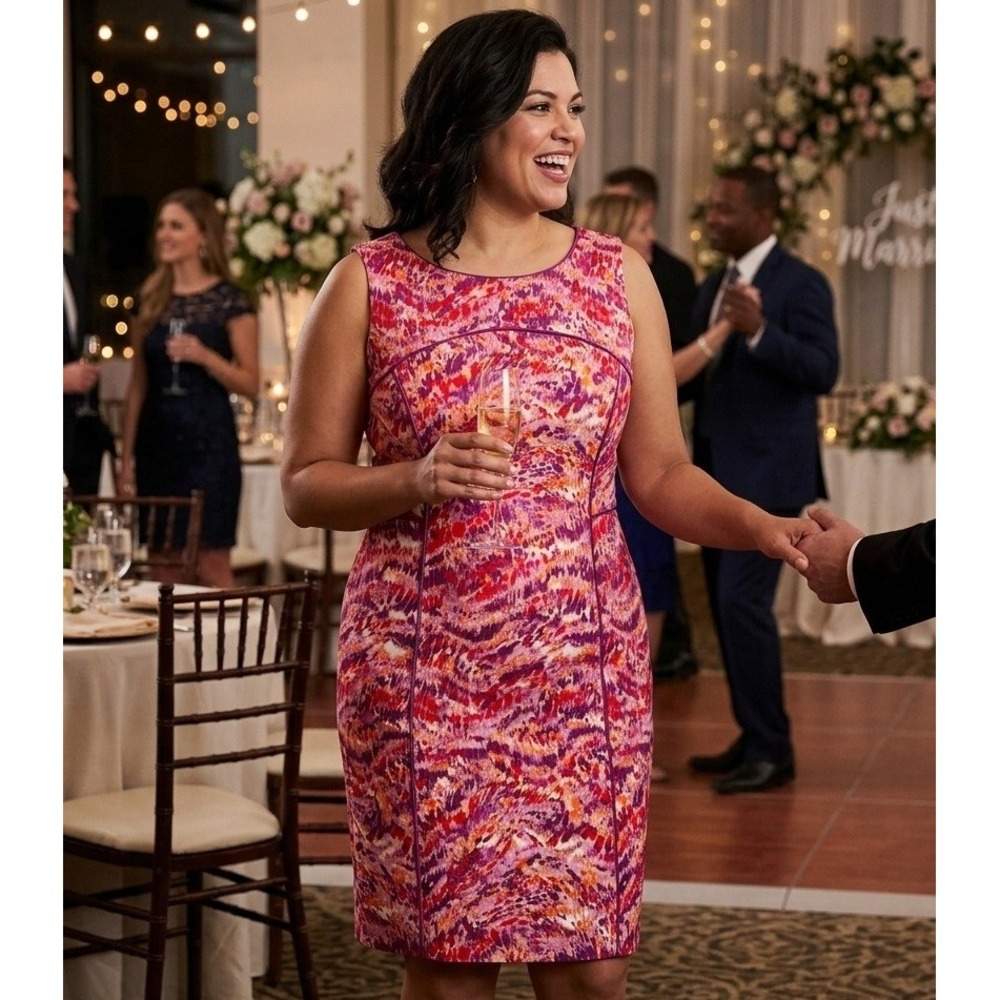 Alex Marie Sheath Dress Womens 14 Purple Pink Orange Abstract Print Sleeveless - Picture 1 of 14